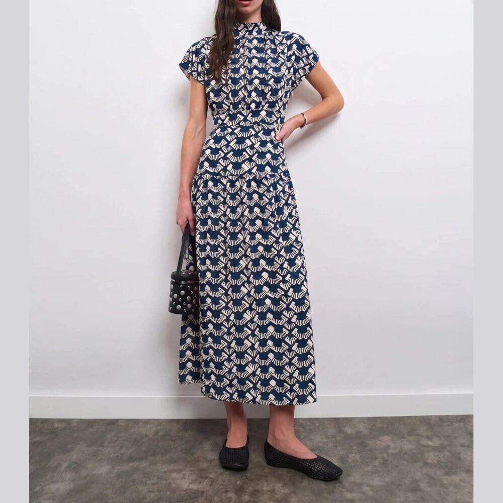 Navy / Cream Scallop Fan Print Stand Collar Cap Sleeve Midi Dress